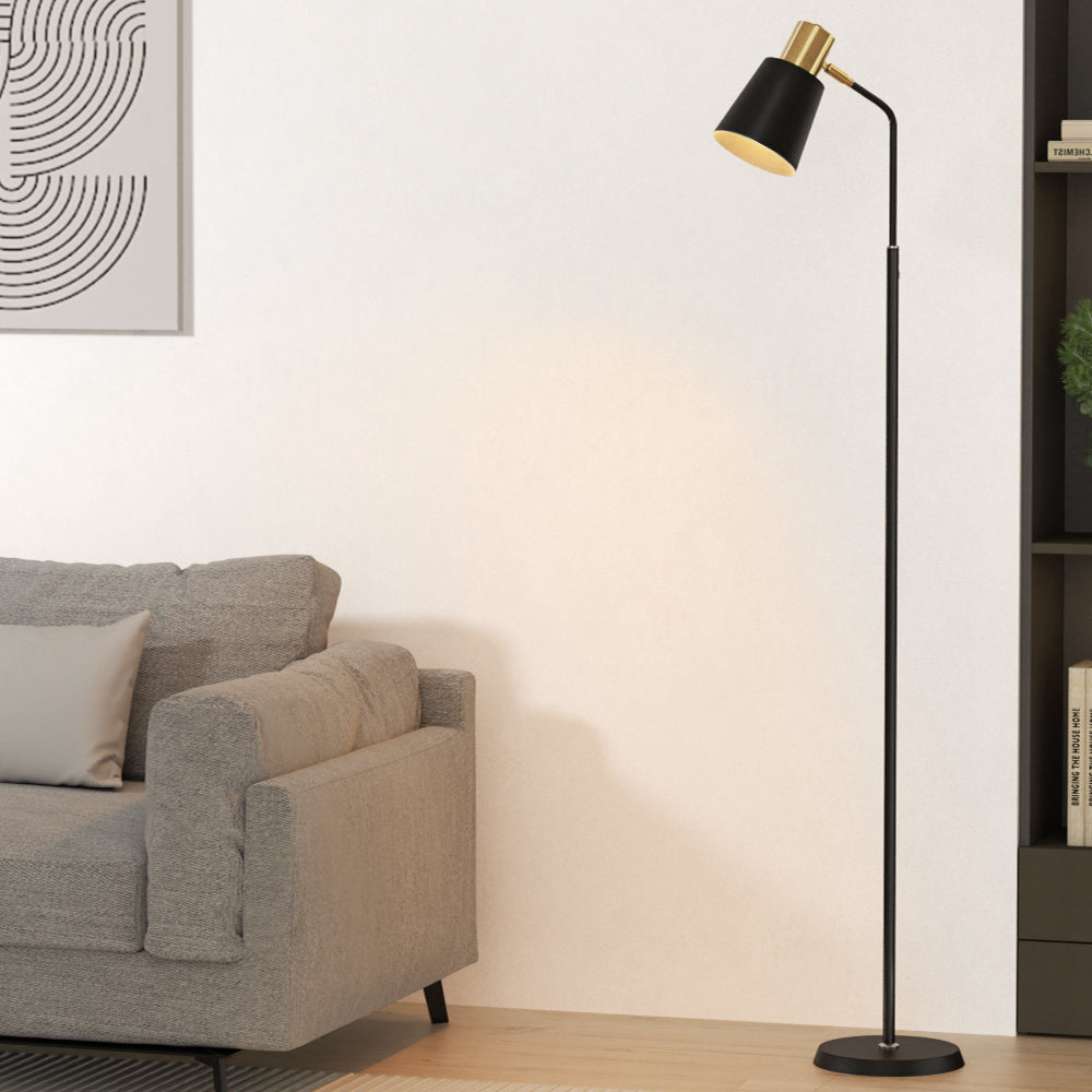 Black and gold reading floor lamp lit beside grey sofa in lounge room with abstract art print and bookshelf in background