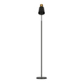 Black and gold reading floor lamp with straight pole and downward-facing cone shade on white background, front view