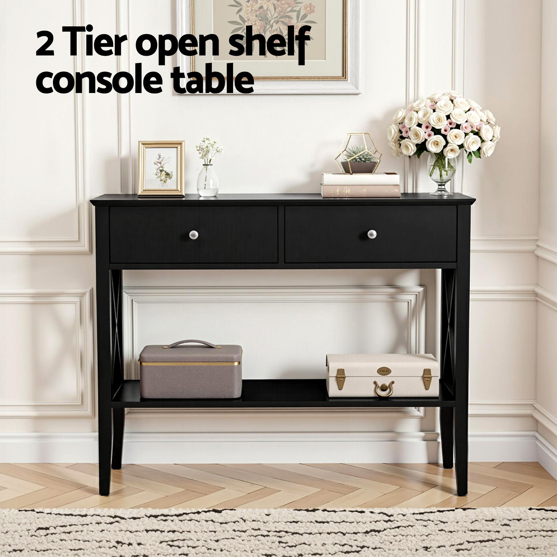 Black hall table in elegant entryway with 2 drawers, flowers on top and travel cases on lower shelf, "2 Tier open shelf"