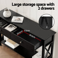 Black hall table with drawer open showing 39.5x28.5x8.5cm interior, text 