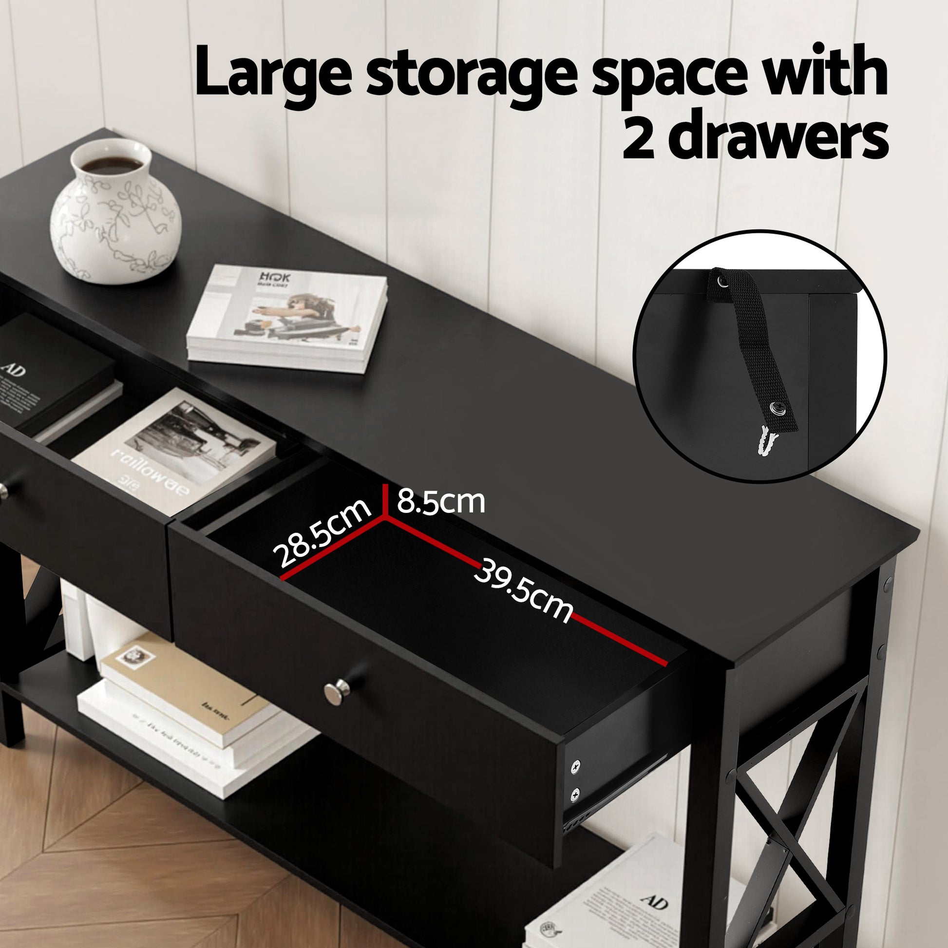 Black hall table with drawer open showing 39.5x28.5x8.5cm interior, text "Large storage space with 2 drawers"
