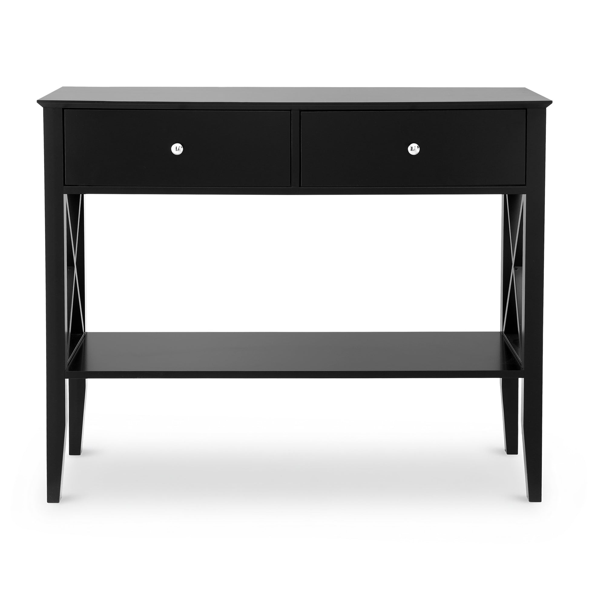 Black hall table with two drawers with chrome knobs, X-cross side panels, tapered legs, and lower shelf, front view