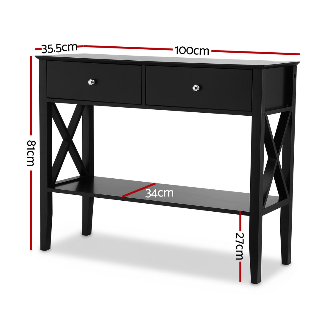 Black hall table with two drawers, chrome knobs, X-cross side panels, lower shelf, styled with decor in classic room setting