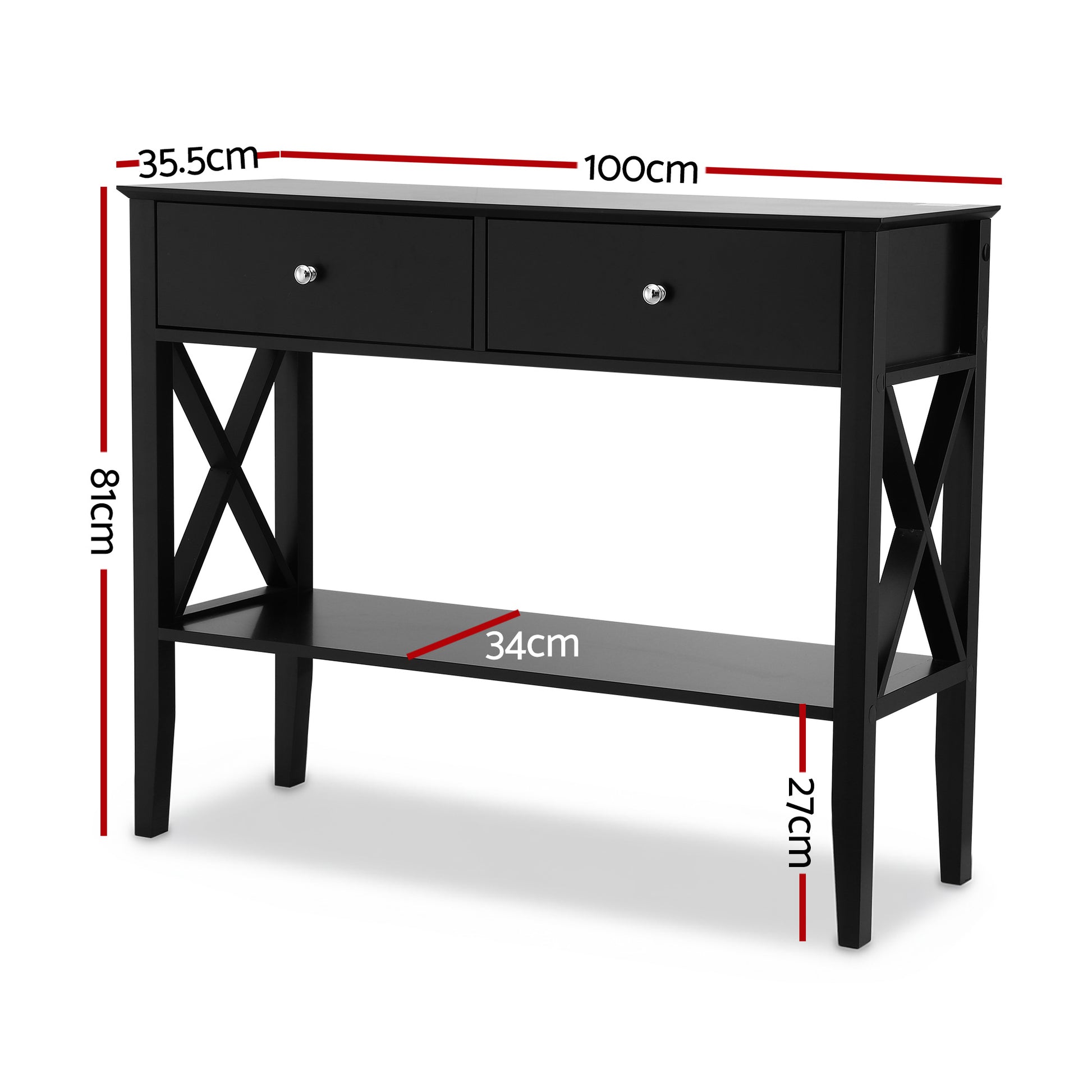 Black hall table with two drawers and X-cross panels, dimensions: 100cm wide, 35.5cm deep, 81cm tall, shelf gap 27cm