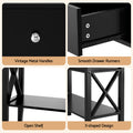 Black hall table feature close-ups: vintage metal handle, smooth drawer runners, open shelf, and X-shaped side panels