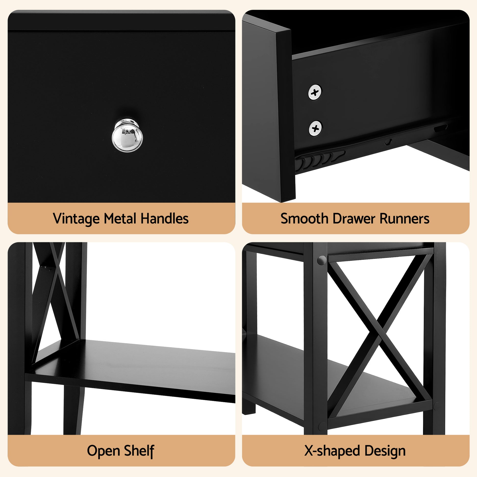 Black hall table feature close-ups: vintage metal handle, smooth drawer runners, open shelf, and X-shaped side panels