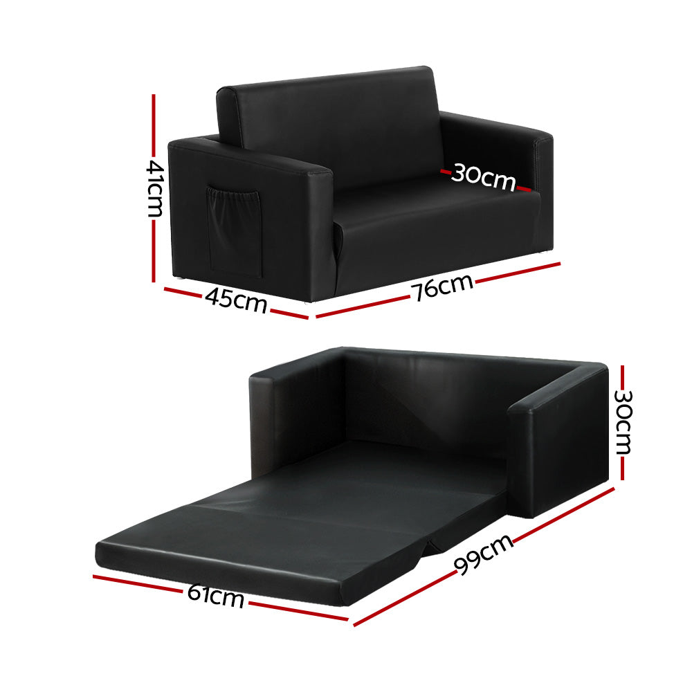 Black PU leather kids sofa bed fully extended flat with side pocket visible on white background