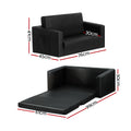 Dimensions diagram for black PU leather kids sofa bed: 76cm wide, 41cm high, extends to 99cm x 61cm bed