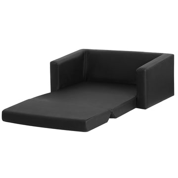 Black PU leather kids sofa bed fully extended flat with side pocket visible on white background