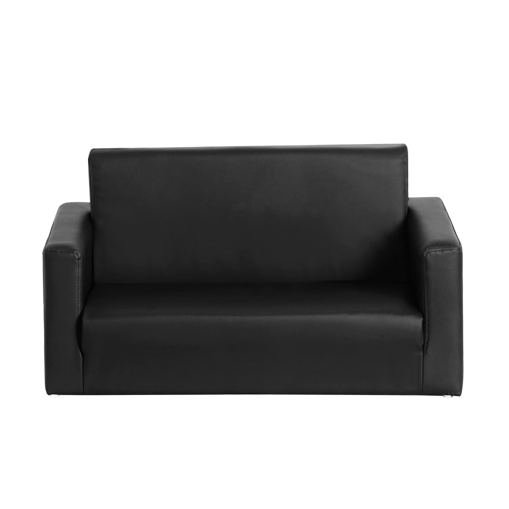 Front view of black PU leather kids sofa bed in upright position on white background