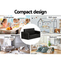 Compact design infographic showing black kids sofa bed suitable for kindergarten, kids room, living room and bedroom