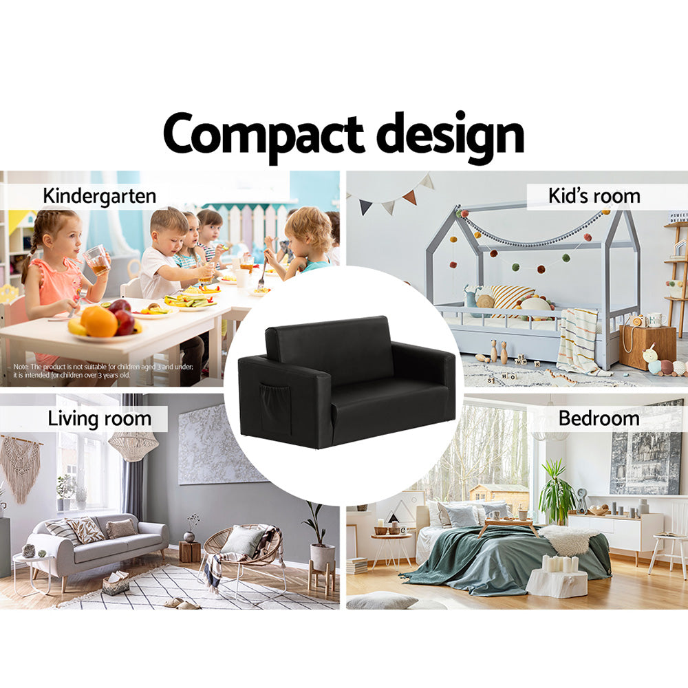 Compact design infographic showing black kids sofa bed suitable for kindergarten, kids room, living room and bedroom