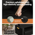 Upholstery infographic showing black PU leather kids sofa padding, removable zippered cover and convenient side pocket