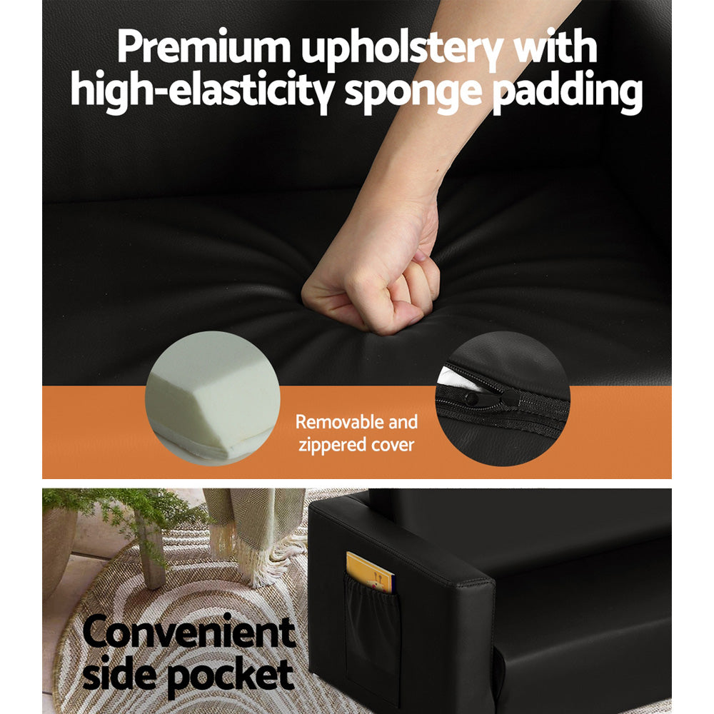 Upholstery infographic showing black PU leather kids sofa padding, removable zippered cover and convenient side pocket