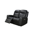 Close-up detail of black leather armrest and side panel seaming on reclining furniture