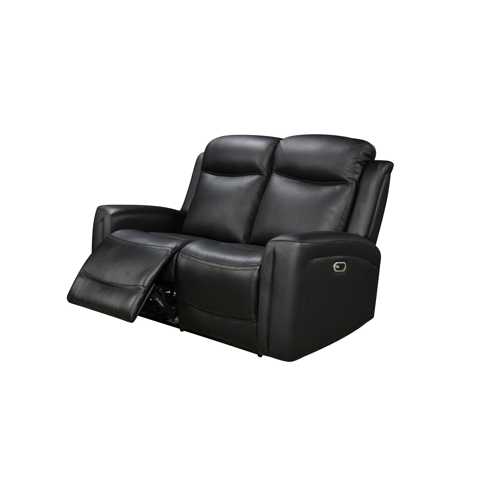 Close-up detail of black leather armrest and side panel seaming on reclining furniture
