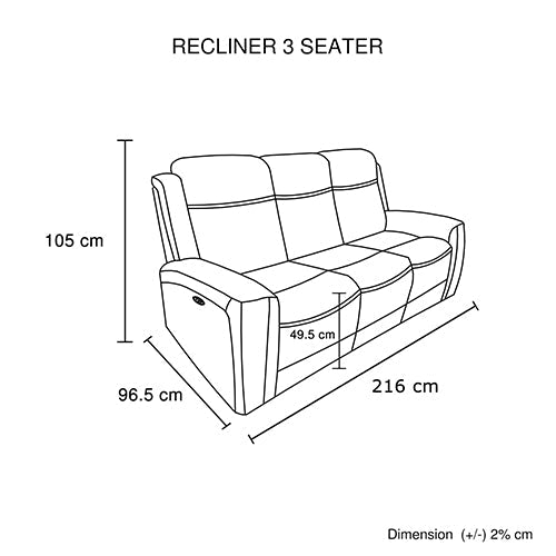Dimension diagram labeled Recliner 1 Seater: 98cm width, 105cm height, 96.5cm depth, 49.5cm seat