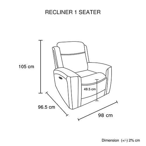 Dimension diagram labeled Recliner 2 Seater: 160cm width, 105cm height, 96.5cm depth, 49.5cm seat