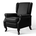Black PU leather wingback recliner armchair with rolled arms and dark wood cabriole legs, angle view on white background