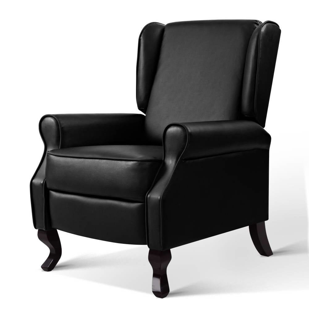 Black PU leather wingback recliner armchair with rolled arms and dark wood cabriole legs, angle view on white background