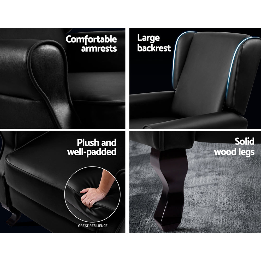 Black PU leather recliner armchair 4-panel close-up showing armrests, large backrest, plush foam seat, and solid wood legs