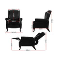 Black faux leather recliner armchair 3-view dimension diagram: 99cm tall, 64.5cm wide, 158cm fully reclined