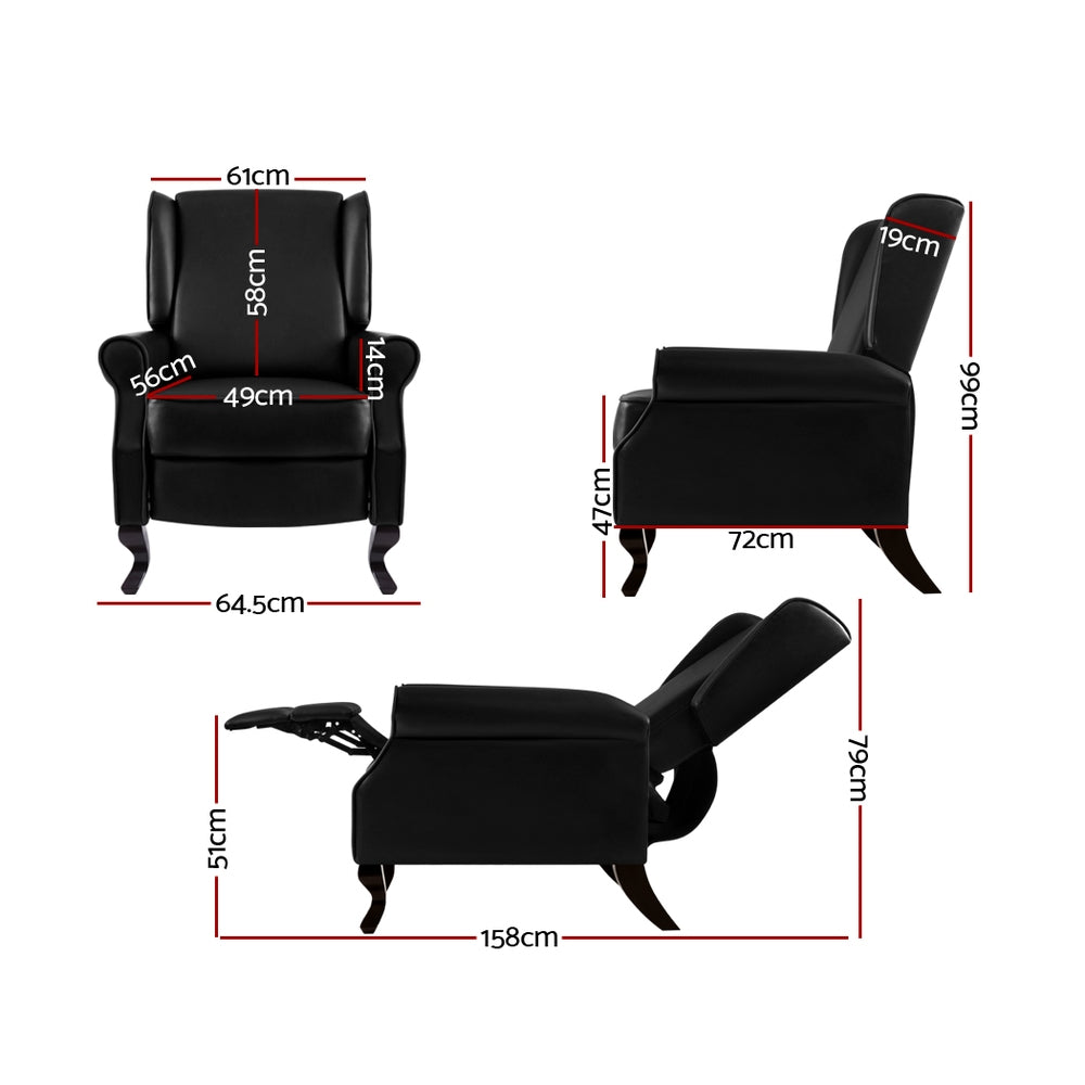 Black faux leather recliner armchair 3-view dimension diagram: 99cm tall, 64.5cm wide, 158cm fully reclined