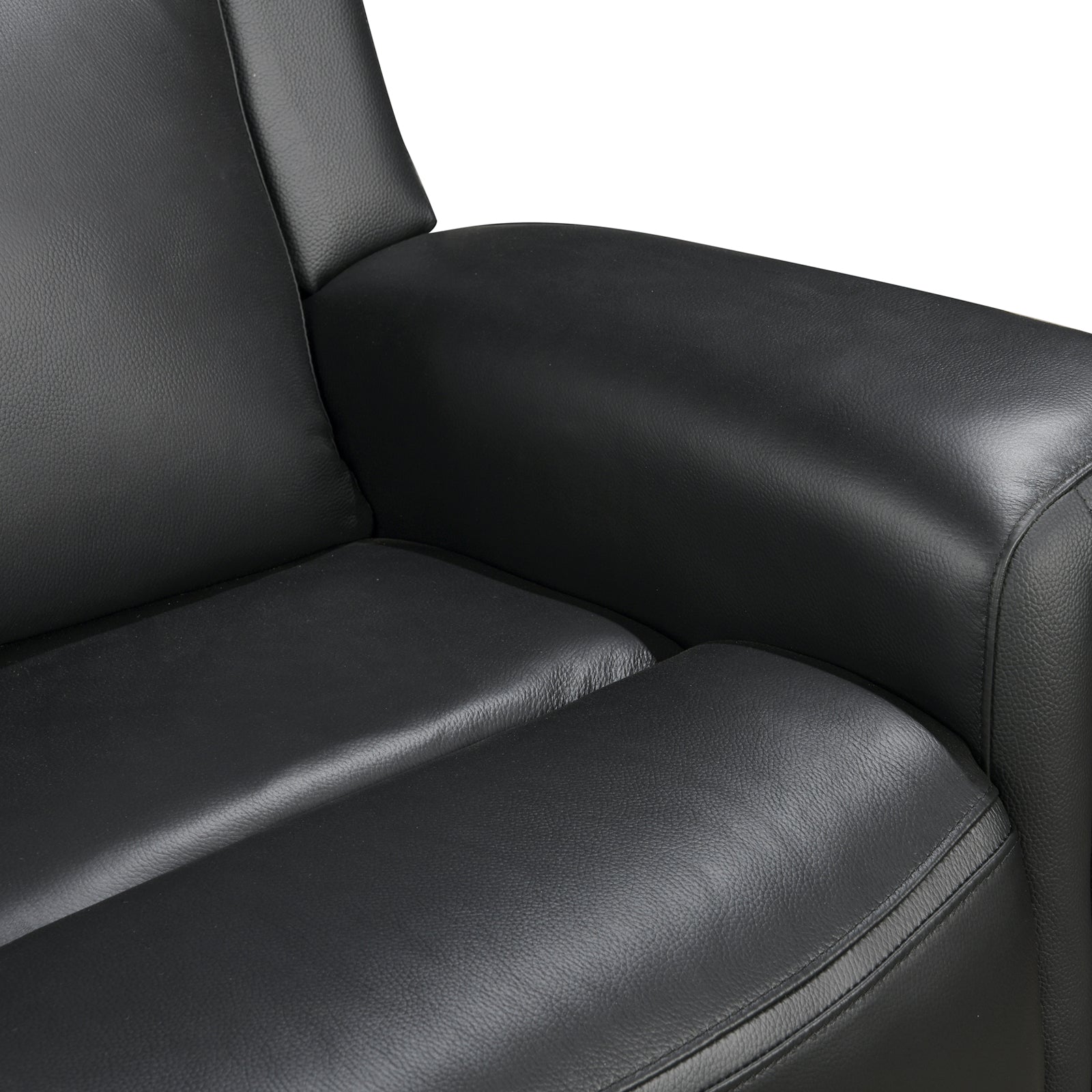 Black leather recliner close-up showing control button and panel detail