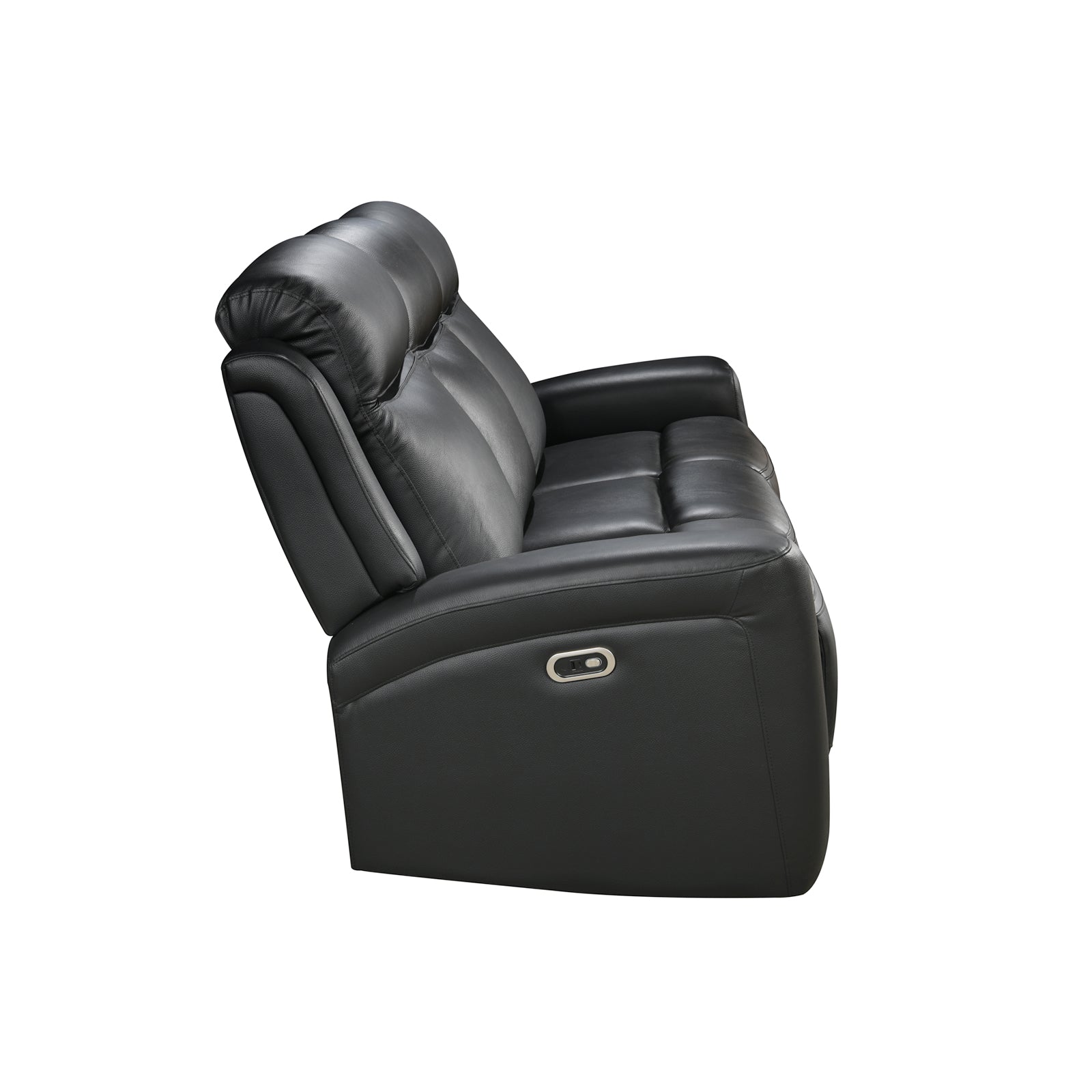 Black leather 2-seater reclining sofa with individual reclining sections on white background