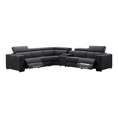 Black leather L-shaped sectional sofa with two power recliner seats in grey minimalist living room