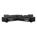 Black leather L-shaped sectional recliner sofa front view with extended footrests and centre console on white background