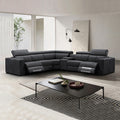 Black leather L-shaped sectional sofa with two power recliner seats in grey minimalist living room
