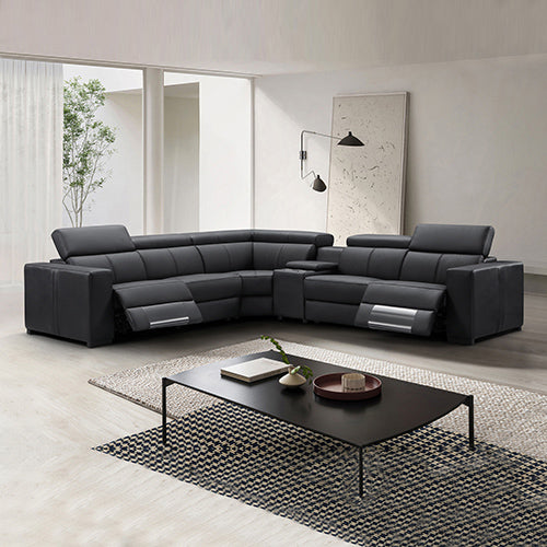 Black leather L-shaped sectional sofa with two power recliner seats in grey minimalist living room