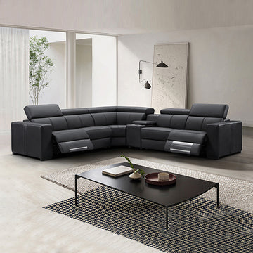 Black leather L-shaped sectional sofa with two power recliner seats in grey minimalist living room