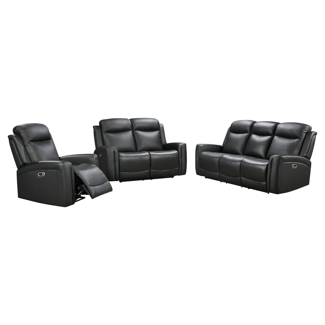 Black leather reclining furniture set in modern living room with coffee table and wall art