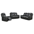 Black leather 3-piece recliner set with single chair, 2-seater sofa, and 3-seater on white