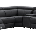 Black leather L-shaped recliner sofa three-quarter view showing corner section with console and recliners