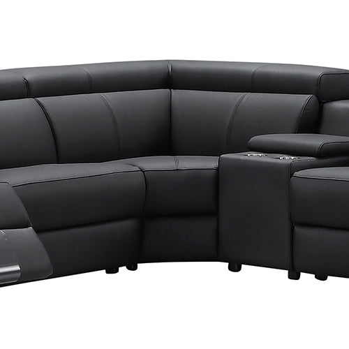 Black leather L-shaped recliner sofa three-quarter view showing corner section with console and recliners