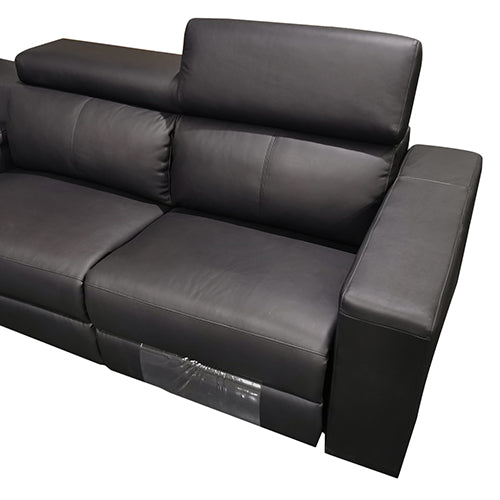 Black leather recliner sofa two-seat section with padded backrests and armrests on white background