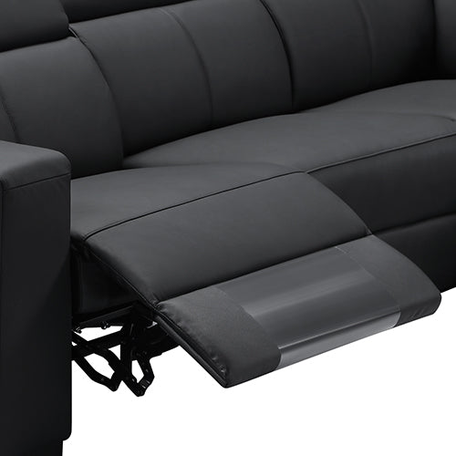 Close-up of black leather recliner seat with extended footrest mechanism showing faux leather upholstery