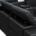Close-up detail of black leather recliner sofa adjustable headrest with chrome pull pins visible