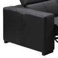Close-up of black leather recliner sofa end armrest panel with clean seam stitching detail