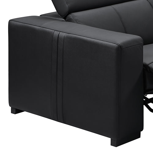 Close-up of black leather recliner sofa end armrest panel with clean seam stitching detail