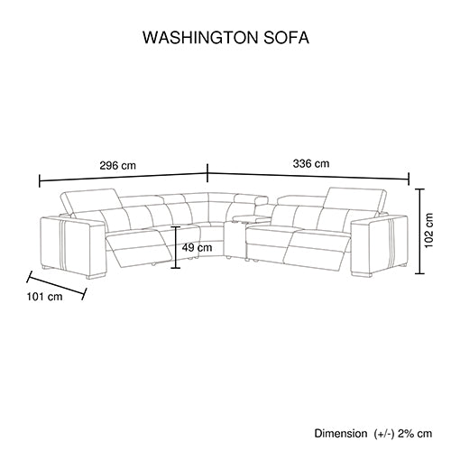 Washington Sofa dimension diagram showing L-shape 296cm by 336cm footprint 102cm height and 49cm seat depth
