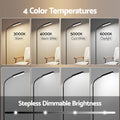 Feature graphic showing 4 color temperatures 3000K to 6000K and stepless dimmable brightness for black LED gooseneck lamp