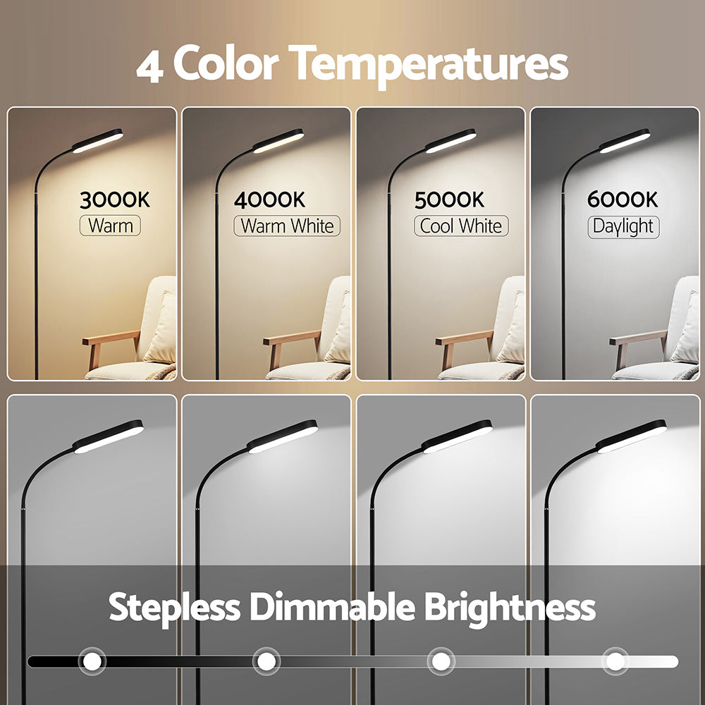 Feature graphic showing 4 color temperatures 3000K to 6000K and stepless dimmable brightness for black LED gooseneck lamp