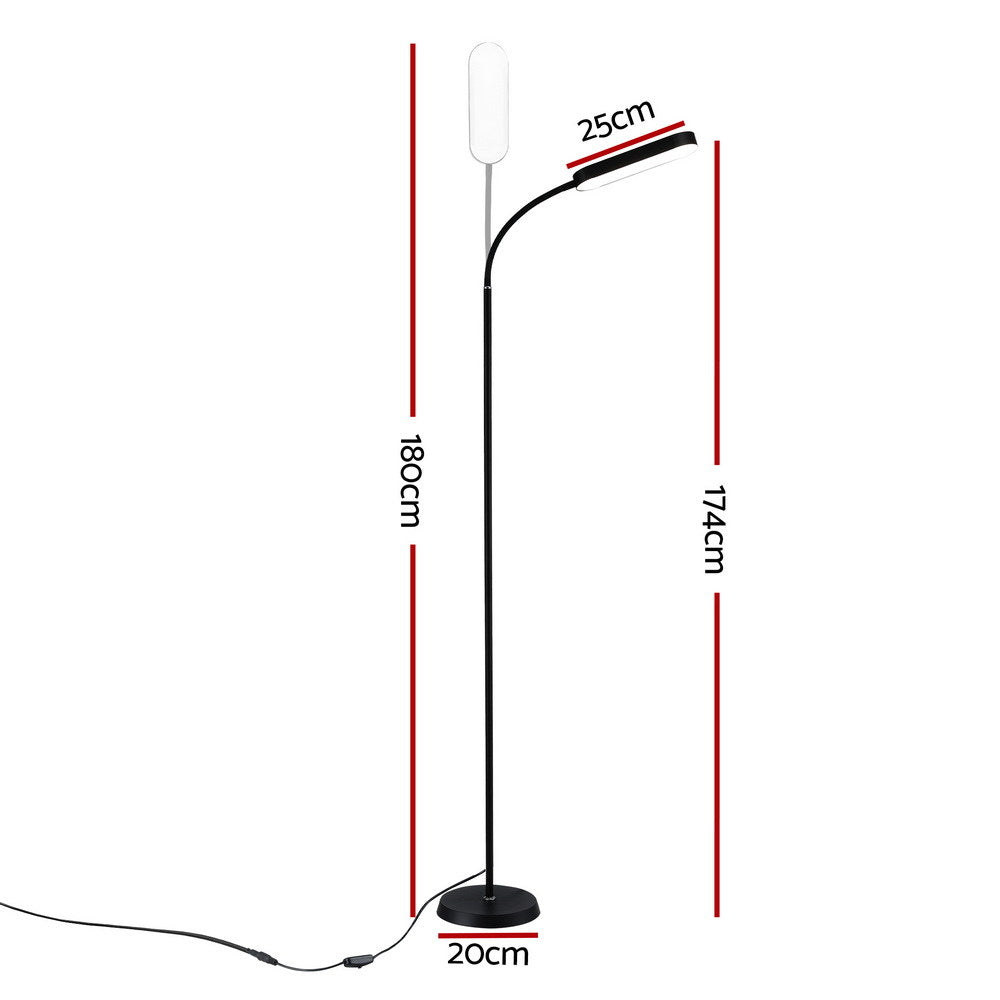 Dimension diagram of black LED gooseneck floor lamp: 25cm head, 180cm max height, 174cm to head, 20cm base