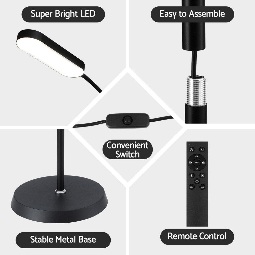 Five-panel feature grid: bright LED head, easy assembly, convenient switch, stable metal base and remote control