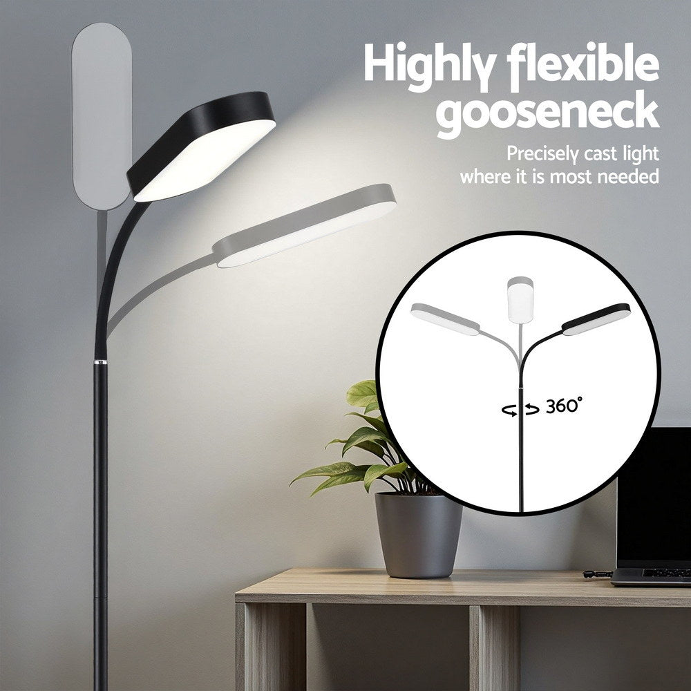 Feature graphic with text Highly flexible gooseneck showing 360 degree rotation of black LED floor lamp head