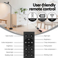Remote control guide for black LED gooseneck lamp: 15m range, labeled buttons for brightness, colour temp and modes